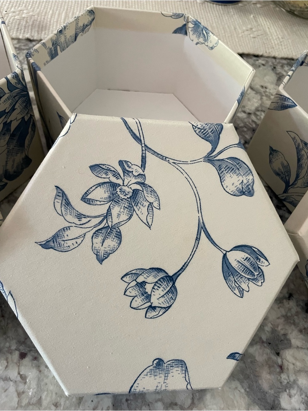 Hexagonal Floral Storage Box - Blue on White- Set of 4